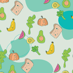 Vegetables cartoon pattern with pepper, tomato, sorrel, parsley, salad on beige background. Perfect for vegan, vegetarian, wallpapers, food backgrounds, fabrics.