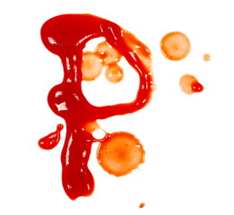 Blood effect, ketchup splashes in shape letter P, stains isolated on white background, tomato pure...