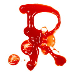 Blood effect, ketchup splashes in shape letter R, stains isolated on white background, tomato pure...