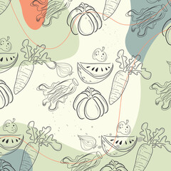 Vector illustration Hand drawn outline vegetable pattern (flat style, thin line). Black and white