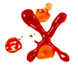 Blood effect, ketchup splashes in shape letter X, stains isolated on white background, tomato pure...