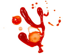 Blood effect, ketchup splashes in shape letter Y, stains isolated on white background, tomato pure texture, clipping path