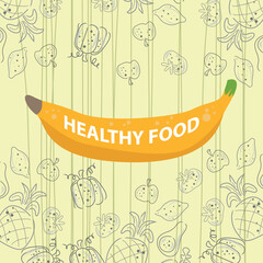 Banana illustration - Hand drawn groceries, Healthy greeting card with banana and fruit background