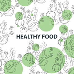 Healthy food frame vector illustration. Vegetables, fruits drawn by hand. Organic food set. Vegetarian food collection