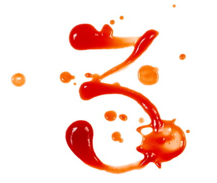 Blood effect, ketchup splashes in shape number 3, three stains isolated on white background, tomato pure texture, clipping path