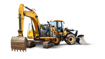 Excavator and bulldozer loader close-up on a white isolated background.Construction equipment for...