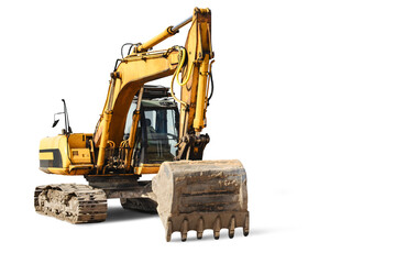 Crawler excavator isolated on white background. Powerful excavator with an extended bucket...