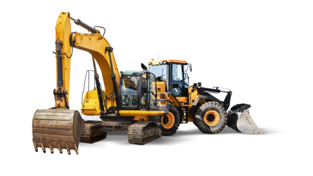 Excavator and bulldozer loader close-up on a white isolated background.Construction equipment for earthworks. element for design.