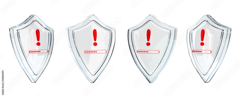 Poster set of glass safety shields with red exclamation marks in different angle view 3d render. warning of
