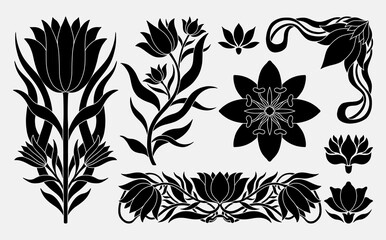 Floral tulip set in art nouveau 1920-1930. Hand drawn in a linear style with weaves of lines, leaves and flowers.