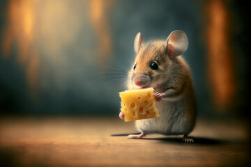 Generative AI illustration of mouse eating cheese - obrazy, fototapety, plakaty