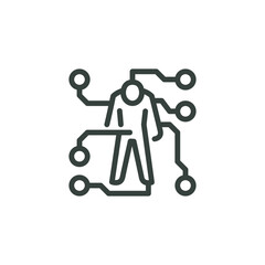 Thin Outline Icon Man Cyborg and Wire. Such Line Symbol Enfeeblement, AI Technology, Artificial Intelligence, Matrix Robotics. Vector Isolated Custom Pictogram on White Background Editable Stroke.
