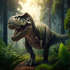 Tyrannosaurus Rex in the jungle Image generated with generative AI © Adriana
