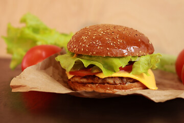 Cheeseburger close up. Homemade burger on a paper napkin. Fast food