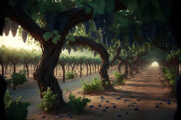 Vineyard plants in France. Wine valley . Generated Ai illustration.