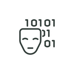 Outline Icon Binary Code and Mask. Such Line Symbol Spyware, AI Technology, Artificial Intelligence Error in Code. Vector Isolated Custom Pictogram for Web and App on White Background Editable Stroke.