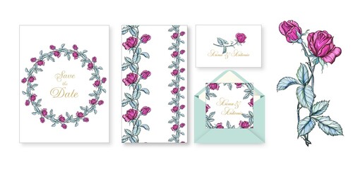 vector set of greeting cards with bright rose colors. Rose is pink. Wreath