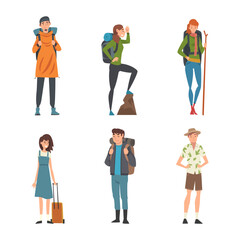 Fototapeta premium People traveling on vacation set. Male and female characters hiking and having trip cartoon vector illustration