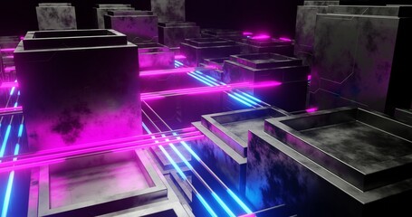 The abstract background uses a cube pattern with a metallic and voronoi texture, there are purple and blue laser beams, a perspective camera, 3d rendering, and 4K size
