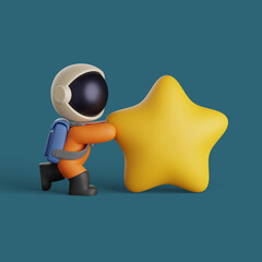 3d illustration of a cute astronaut pushing a big yellow star.  science concept design © heriyusuf