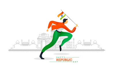 26 January Happy Republic Day of India celebration with flag, India gate, indian monuments