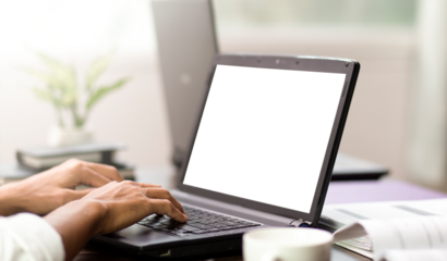 Hand work with laptop and empty screen PNG file  and copy space , laptop screen PNG file application design concept.