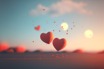Fototapeta na wymiar Hearts flying on sunset sky with bokeh sunlight abstract background. Love and valentine day concept. Generative AI