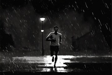 Obraz na płótnie Canvas A man runs at night in the rain, cardio fitness