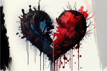 two abstract hearts one black the other red, watercolor. Generative AI