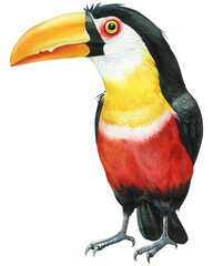 Obraz premium Beautiful birds, toucan watercolor illustration isolated on white background. Exotic bird