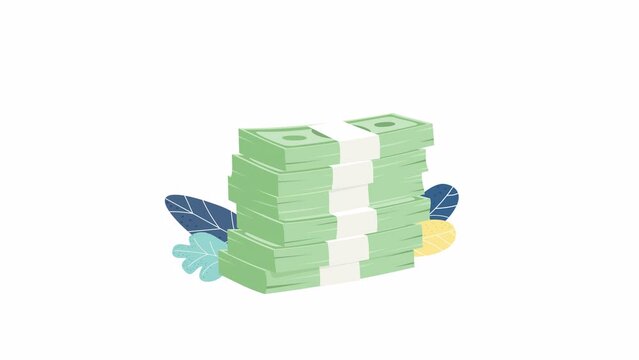Animated banknotes pile. Cash management. Paper money. Banking. Flat cartoon style element HD video footage. Color illustration on white background with alpha channel transparency for animation