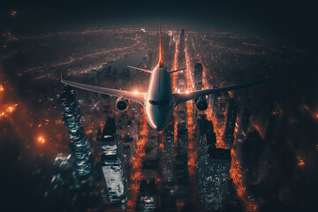 aeroplane in flight over city at night, generative ai composite