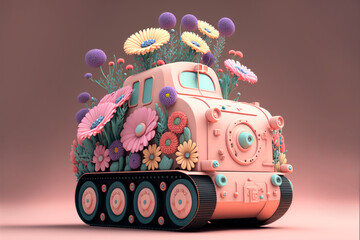 Pastel pink Tank with colorful summer flowers 3d. Generative AI technology.