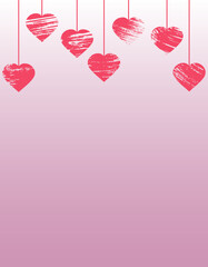 Hanging grunge hearts, great for banner, card, wallpaper for Valentine's Day, wedding day and etc. Vertical. Vector illustration
