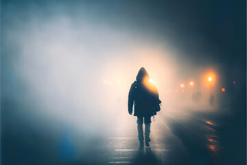 people walking in the fog in the city at night, generative ai