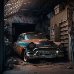 Old car in a vintage garage - obrazy, fototapety, plakaty