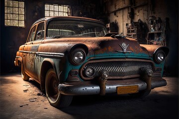Rusty car in an old repair shop