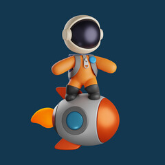 cute astronaut standing on a rocket. 3d rendering illustration © heriyusuf