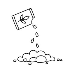 Sowing seeds. Pour seed into the soil. Vector line. Editable outline stroke.