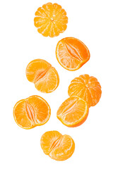 Falling peeled sliced tangerine isolated on white