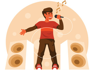 Young singer on stage. Teenage vocalist sings. Young person giving a concert. Vector graphics