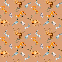 Wild animals, hare, fox, owl, deer watercolor seamless pattern isolated on beige.