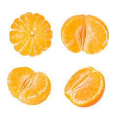 Set of four peeled ripe tangerine fruits isolated on white
