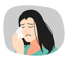 woman is crying. wipe eyes with a tissue. sad expression. vector flat illustration.