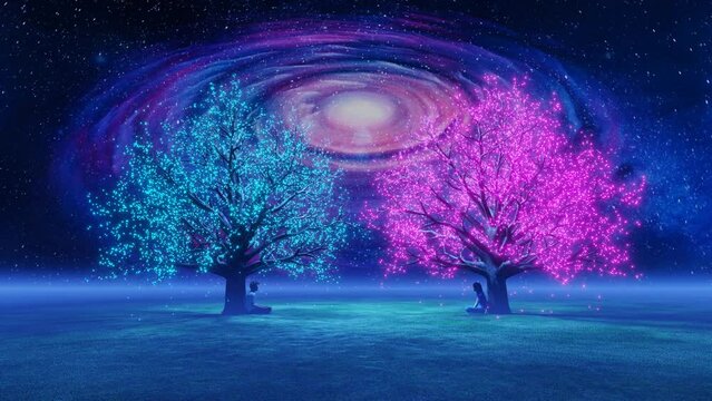 A couple girl and boy are sitting below the trees in bloom with the spinning galaxy in the background 