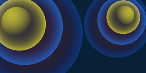 Abstract Blue and Yellow 3D Spiralling Funnels, Concentric Circles Pattern - Perspective, Colorful Spheres Design on Dark Blue Background, Vector Illustration with Copyspace, Place, Room for Your Text