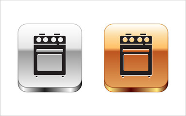 Black Oven icon isolated on white background. Stove gas oven sign. Silver-gold square button. Vector