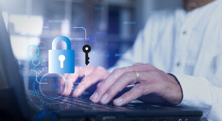 security protection data alert with businessman using laptop with password lock, Security protection data concept	