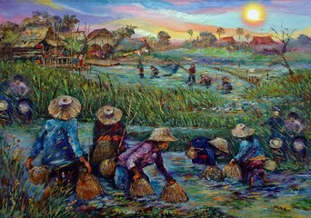 art oil painting   , Countryside , local way of life , hand fishing