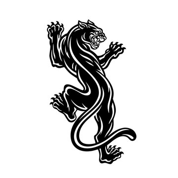 Angry Black Panther tattoo art design. Muscular black Jaguar crawling with claws design element. Ferocious wild cat vector illustration.